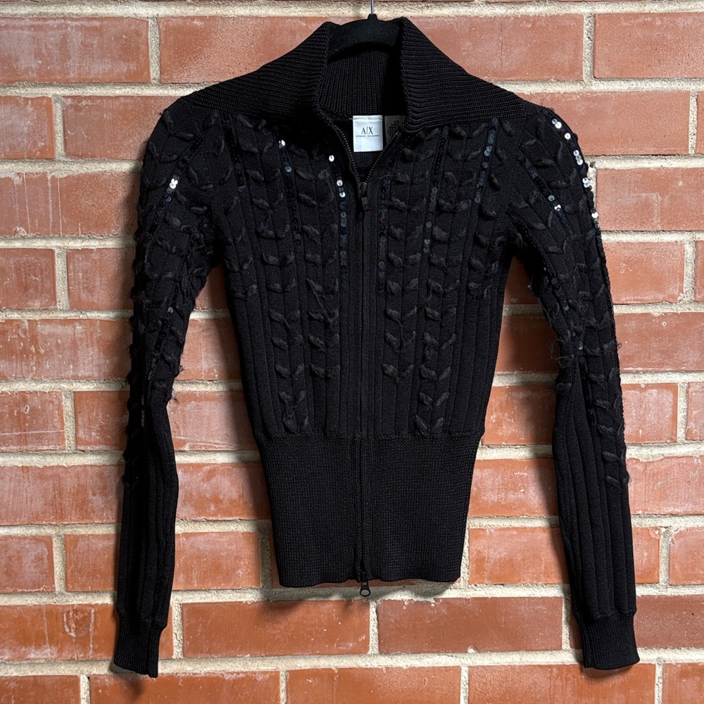 A|X Armani Exchange Black Sequin Cable-Knit Zip Cardigan